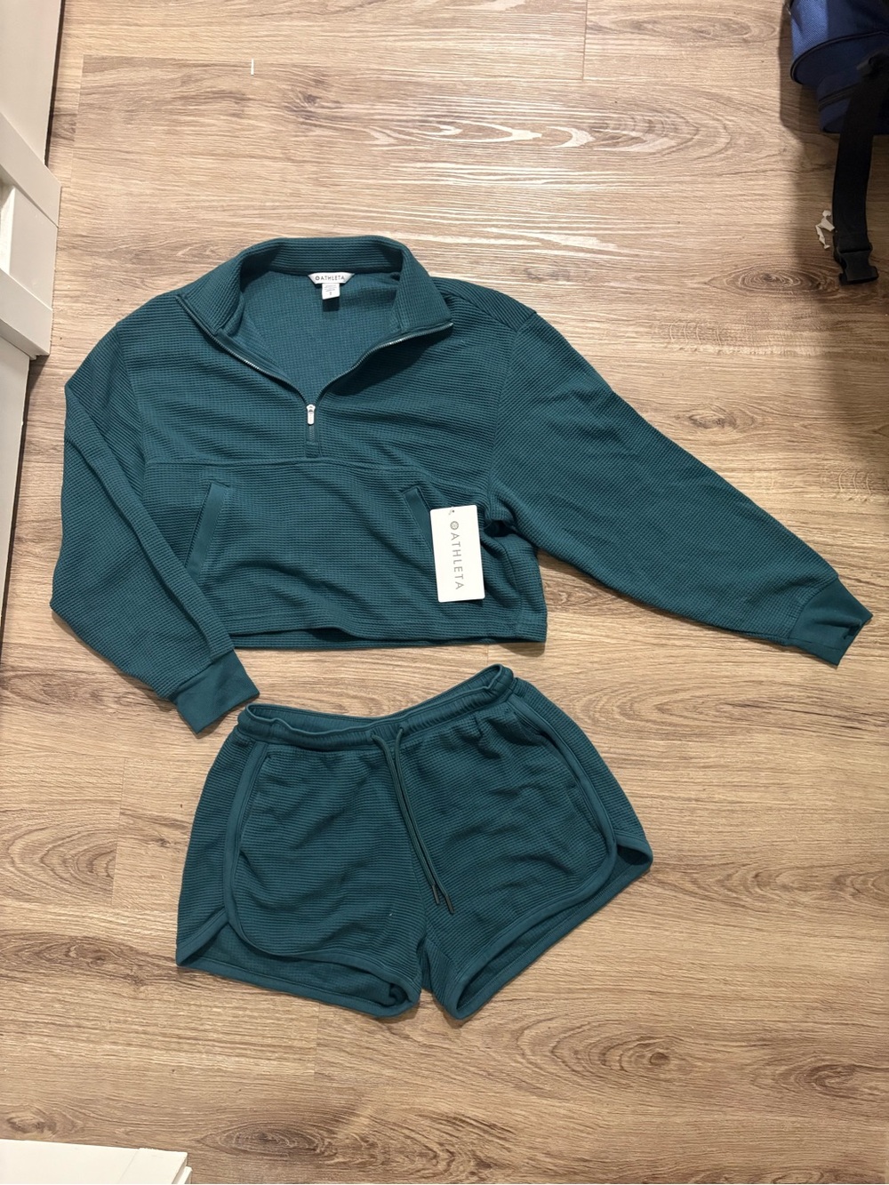 NWT Athleta Tranquil Waffle Half-Zip Sweatshirt & Shorts Set